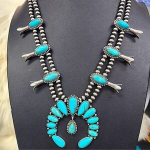 Boho Squash Blossom Turquoise Necklace, Navajo Necklace ,Squash Vintage